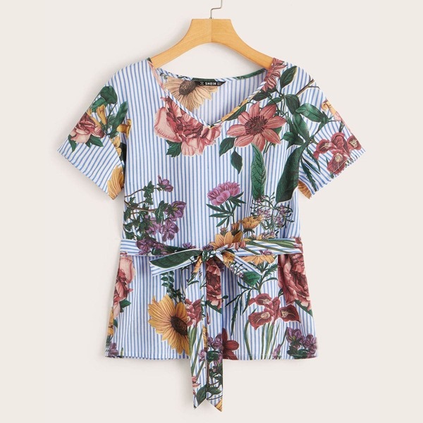 

Floral & Striped Belted Top