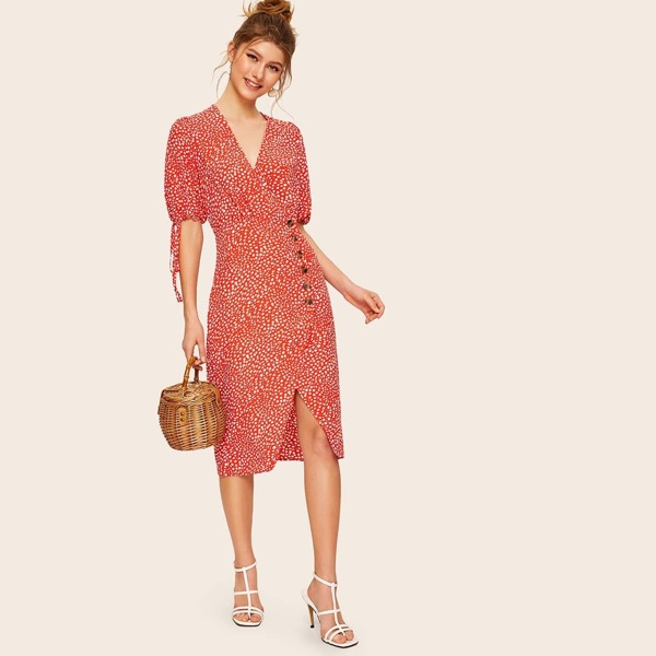 

V-cut Button Side Dalmatian Dress, Orange