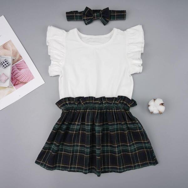 

Toddler Girls Contrast Tartan Hem Frill Dress With Headband, Multicolor