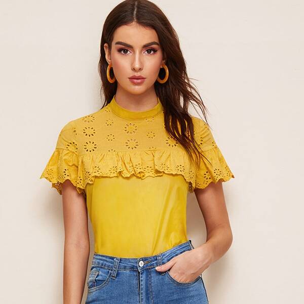 

Mock-neck Embroidered Eyelet Yoke Ruffle Top