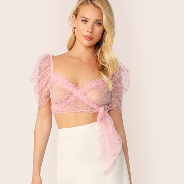 

Sheer Mesh Puff Sleeve Wrap Knot Crop Top