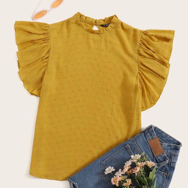 

Swiss Dot Ruffle Armhole Keyhole Back Blouse, Yellow