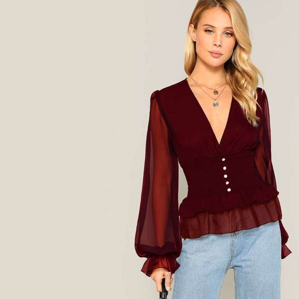 

Mesh Sleeve Button Detail Shirred Ruffle Top, Burgundy
