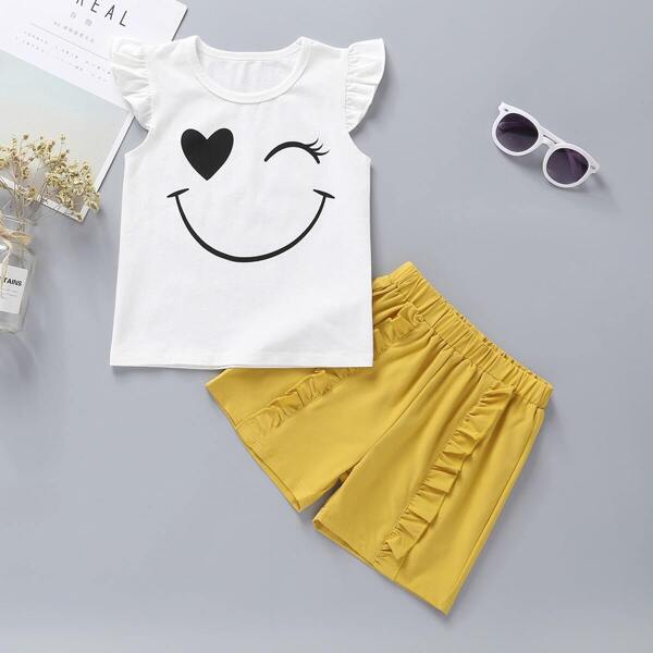 

Toddler Girls Cartoon Print Ruffle Sleeve Tee & Shorts