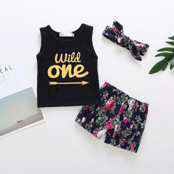 

Toddler Girls Letter Print Tank Top & Shorts & Headband