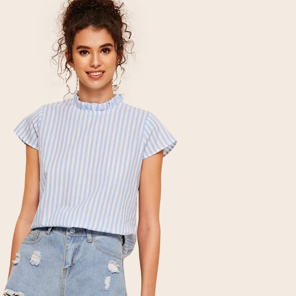 

Keyhole Back Frill Mock Neck Striped Blouse