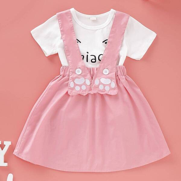 

Toddler Girl Cartoon Print Tee With Pinafore Skirt, Multicolor