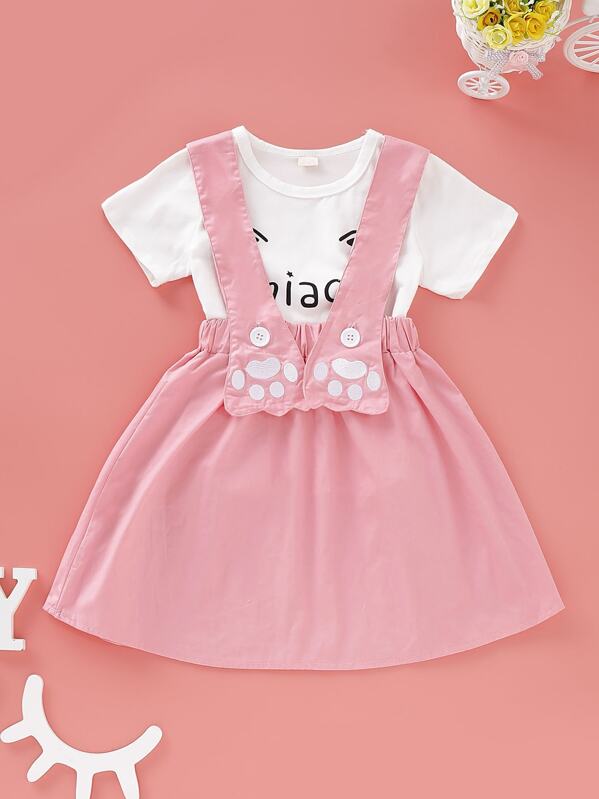 

Toddler Girl Cartoon Print Tee With Pinafore Skirt, Multicolor