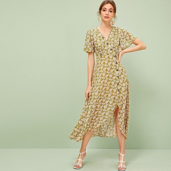 

Single Breasted Split Hem Daisy Print Tea Dress, Multicolor