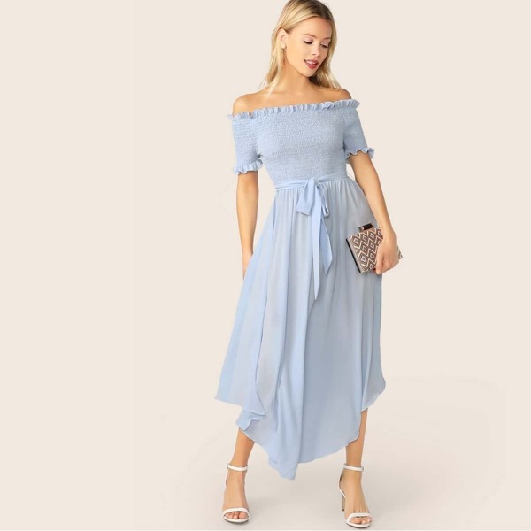 

Off Shoulder Frill Trim Shirred Flowy Dress With Belt, Blue