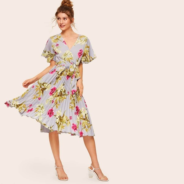 

Floral Print Surplice Neck Pleated Hem Belted Dress, Multicolor