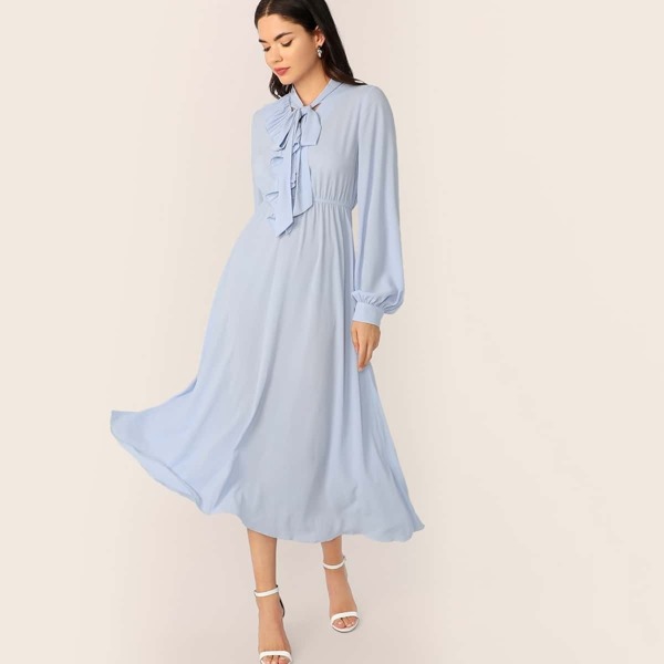 

Tie Neck Ruffle Trim Front Flare Dress, Blue