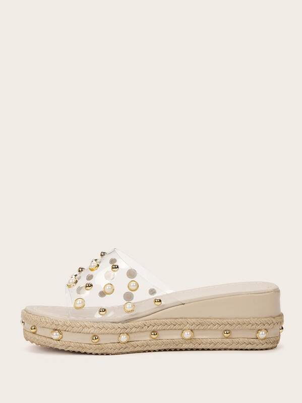 

Faux Pearl Decor Clear Strap Wedges, Beige