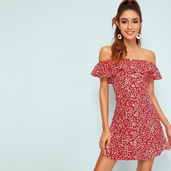 

Ruffle Yoke Button Front Ditsy Floral Dress