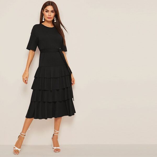 

Layered Ruffle Hem D-ring Belted Dress, Black