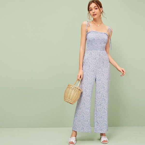 

Ditsy Floral Knot Strap Ruffle Trim Shirred Jumpsuit