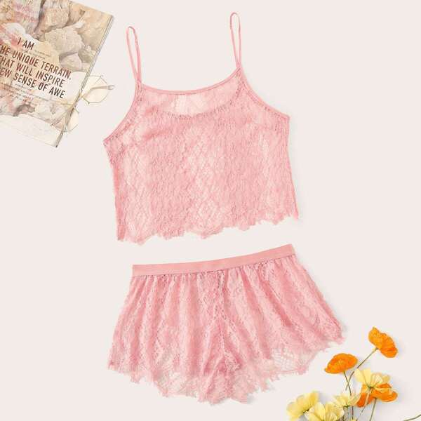 

Sheer Lace Crop Cami & Shorts PJ Set