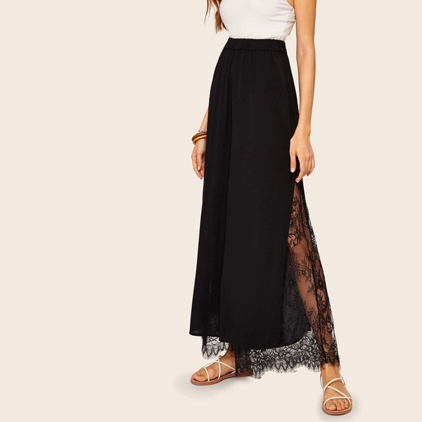 

Elastic Waist Eyelash Lace Insert Palazzo Pants, Black