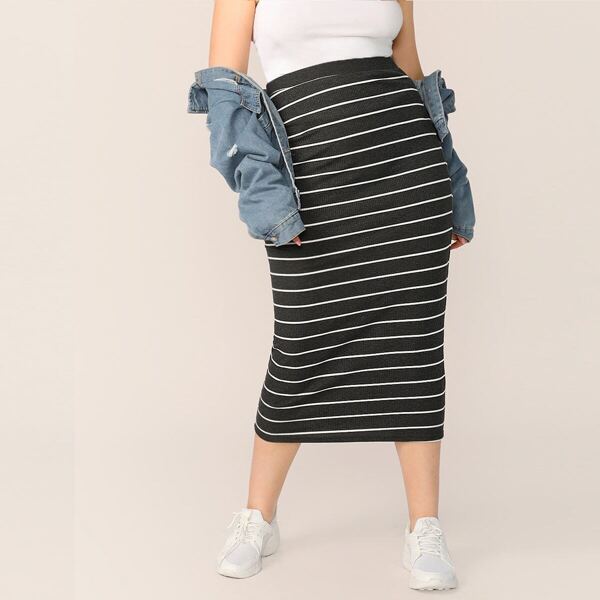 

Plus Striped Rib-knit Pencil Skirt