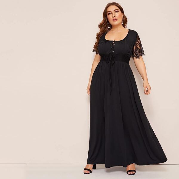 

Plus Contrast Eyelash Lace Lace Up Dress, Black