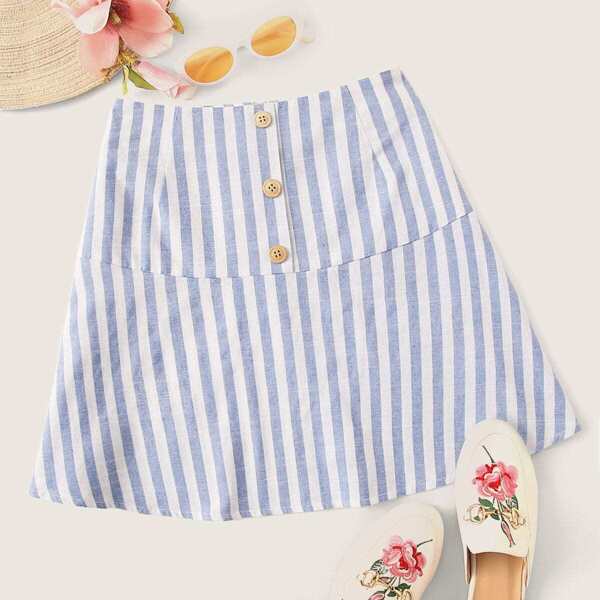 

Wide Band Waist Button Front Striped Skirt