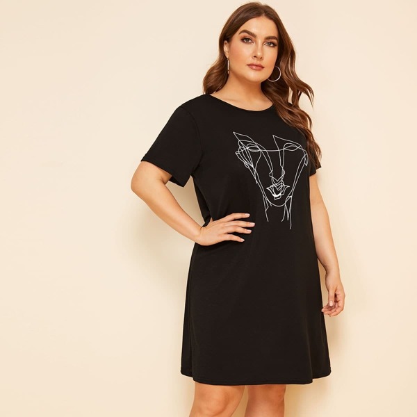 

Plus Contract Figure Print Dress, Black