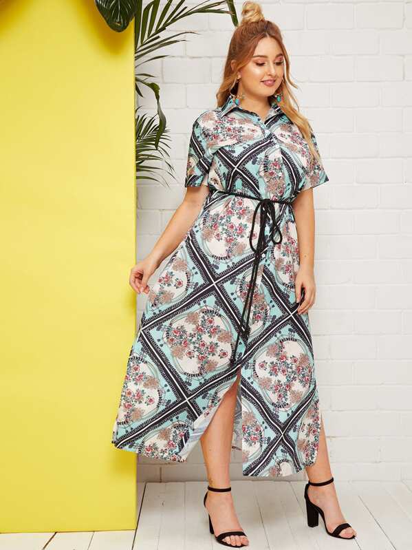 

Plus Scarf Print Belted Shirt Dress, Multicolor, Nora