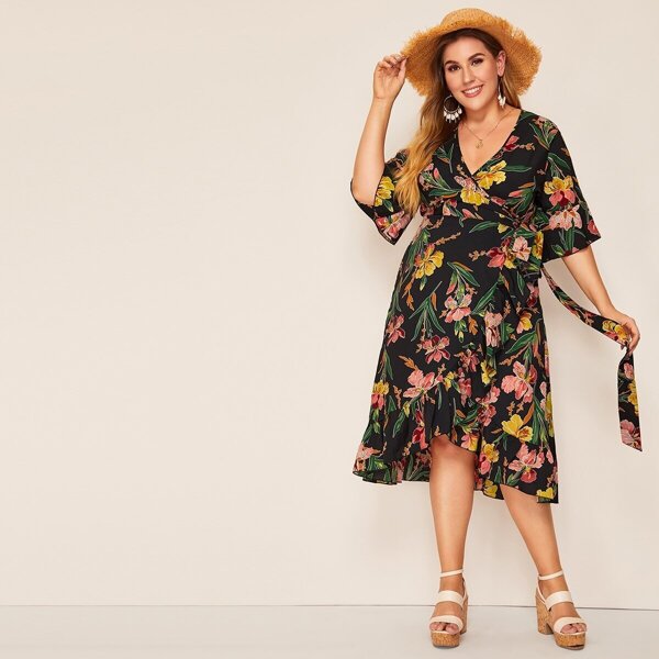 

Plus Floral Print Ruffle Trim Knot Side Wrap Dress
