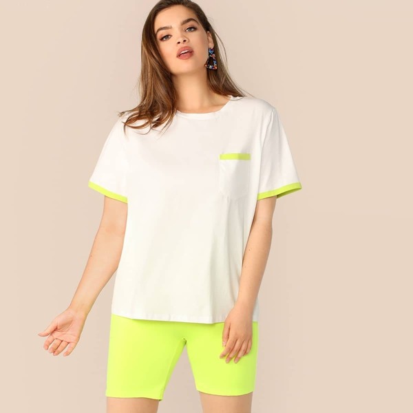 

Plus Neon Lime Detail Pocket Patched Top, White