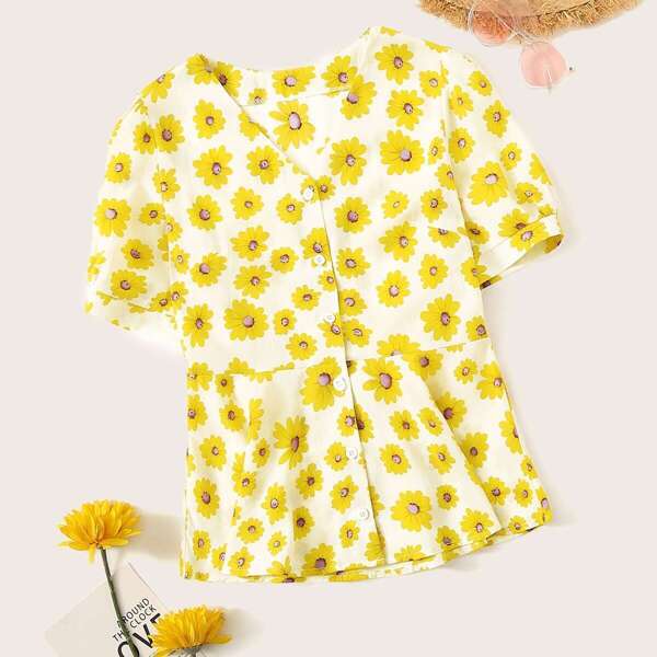 

Sunflower Print Button Front Ruffle Hem Blouse