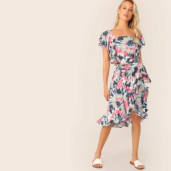 

Tie Dye Butterfly Sleeve Top & Wrap Skirt Set, Multicolor