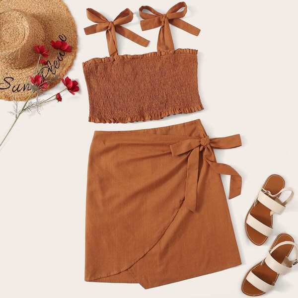 

Plus Tie Strap Shirred Top & Wrap Skirt Set, Brown