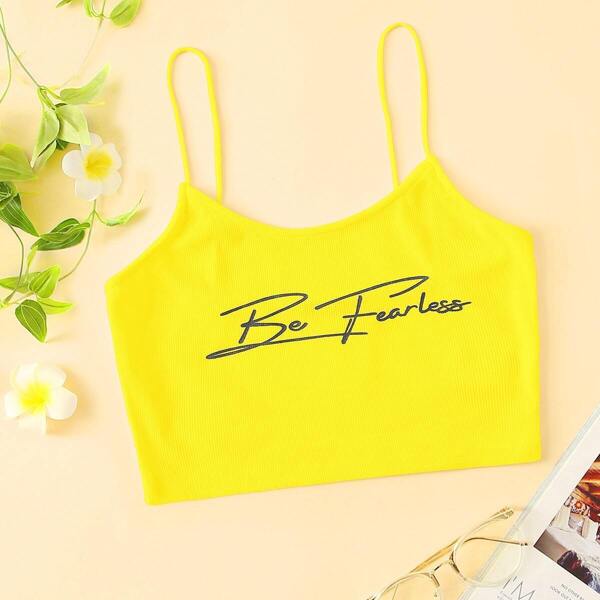 

Neon Yellow Letter Print Rib-knit Cami Top