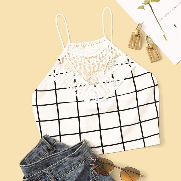 

Guipure Lace Applique Grid Halter Top
