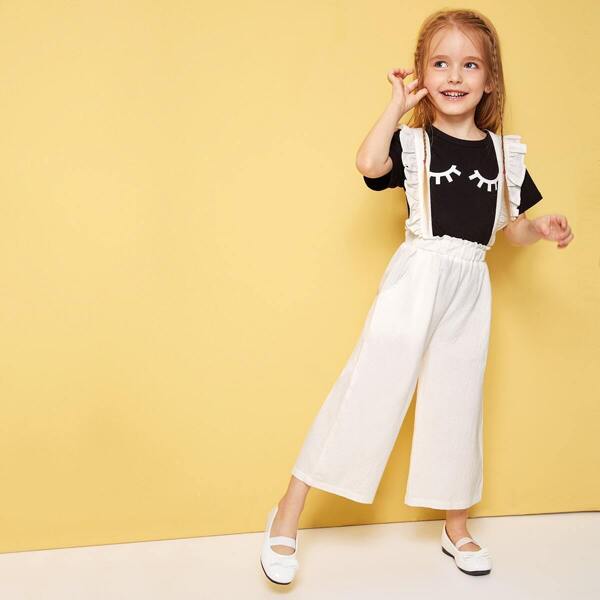 

Toddler Girls Frill Trim Wide Leg Pinafore Pants, White
