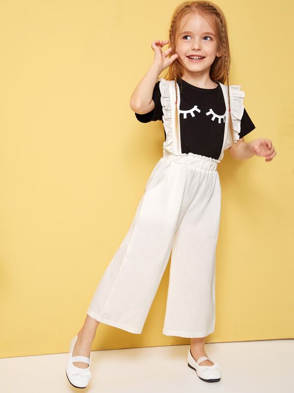 

Toddler Girls Frill Trim Wide Leg Pinafore Pants, White, Sofia B
