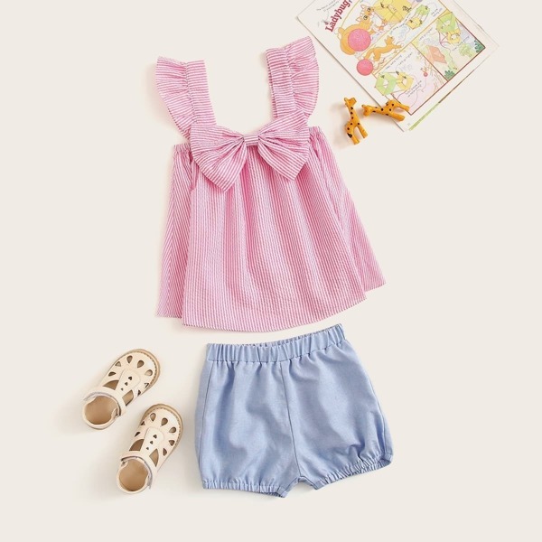 

Toddler Girls Bow Front Striped Top & Shorts Set