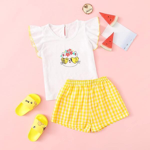 

Toddler Girls Cartoon Ruffle Armhole Top & Gingham Shorts Set