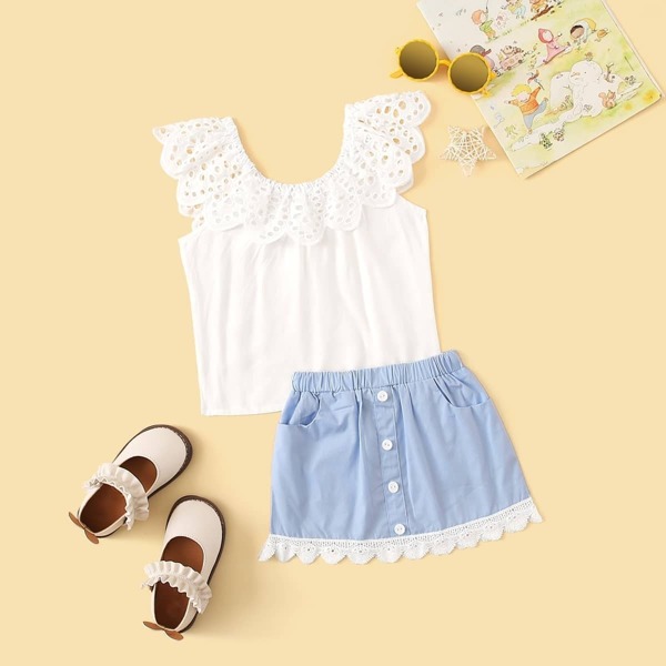 

Toddler Girls Eyelet Embroidered Top & Buttoned Skirt Set