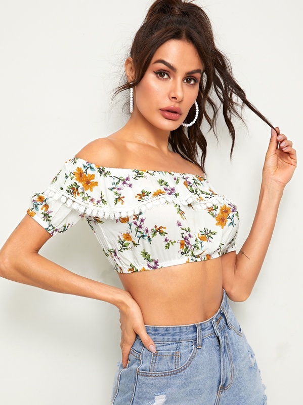 

Ditsy Floral Lace Trim Bardot Crop Top, White, Andy