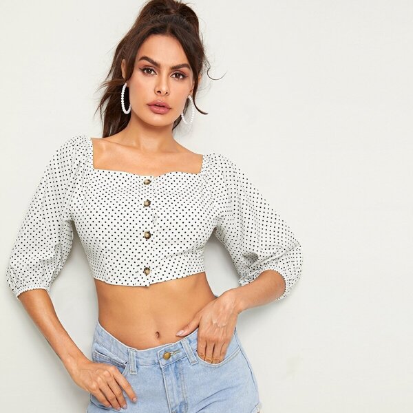 

Button Front Polka-dot Print Crop Blouse