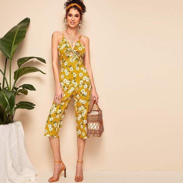 

Random Daisy Print Tie Front Tank Jumpsuit, Yellow