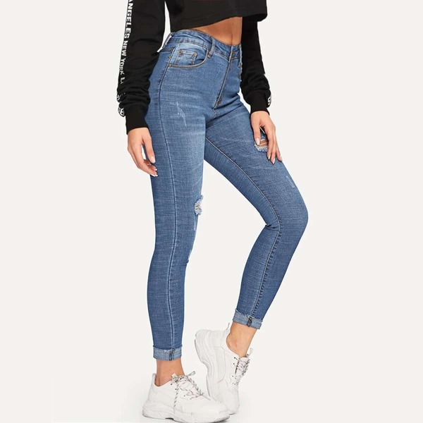 

High Stretch Ripped Skinny Ankle Jeans, Blue