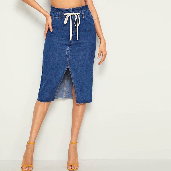 

Drawstring Waist Slit Hem Midi Denim Skirt