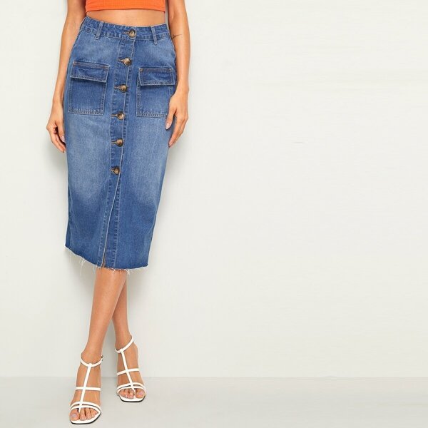 

Button Front Flap Pocket Midi Denim Skirt