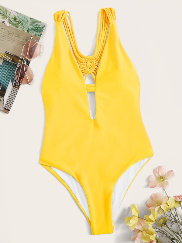 

Deep Plunging Strappy Back One Piece Swimsuit, Yellow