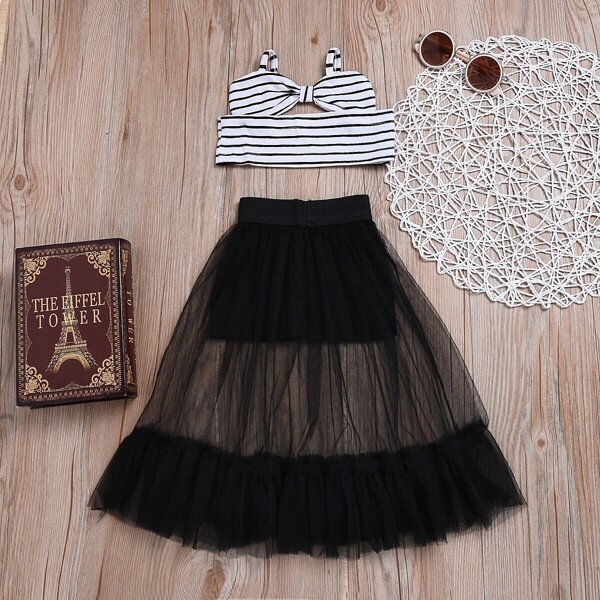 

Toddler Girls Stripe Cami Top & Mesh Skirt, Black and white