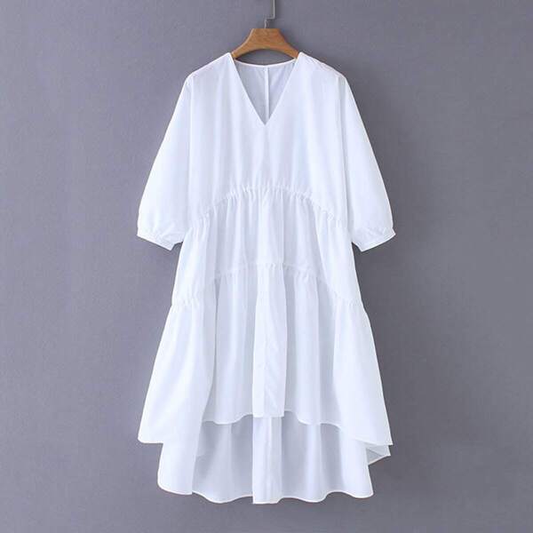 

Bishop Sleeve High Low Ruffle Hem Dress, White