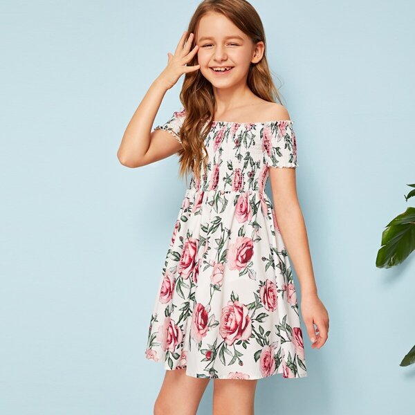 

Girls Off Shoulder Lettuce Trim Botanical Print Shirred Dress