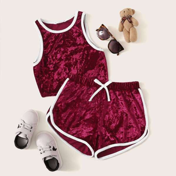 

Girls Ringer Velvet Tank Top & Bow Front Dolphin Hem Shorts Set